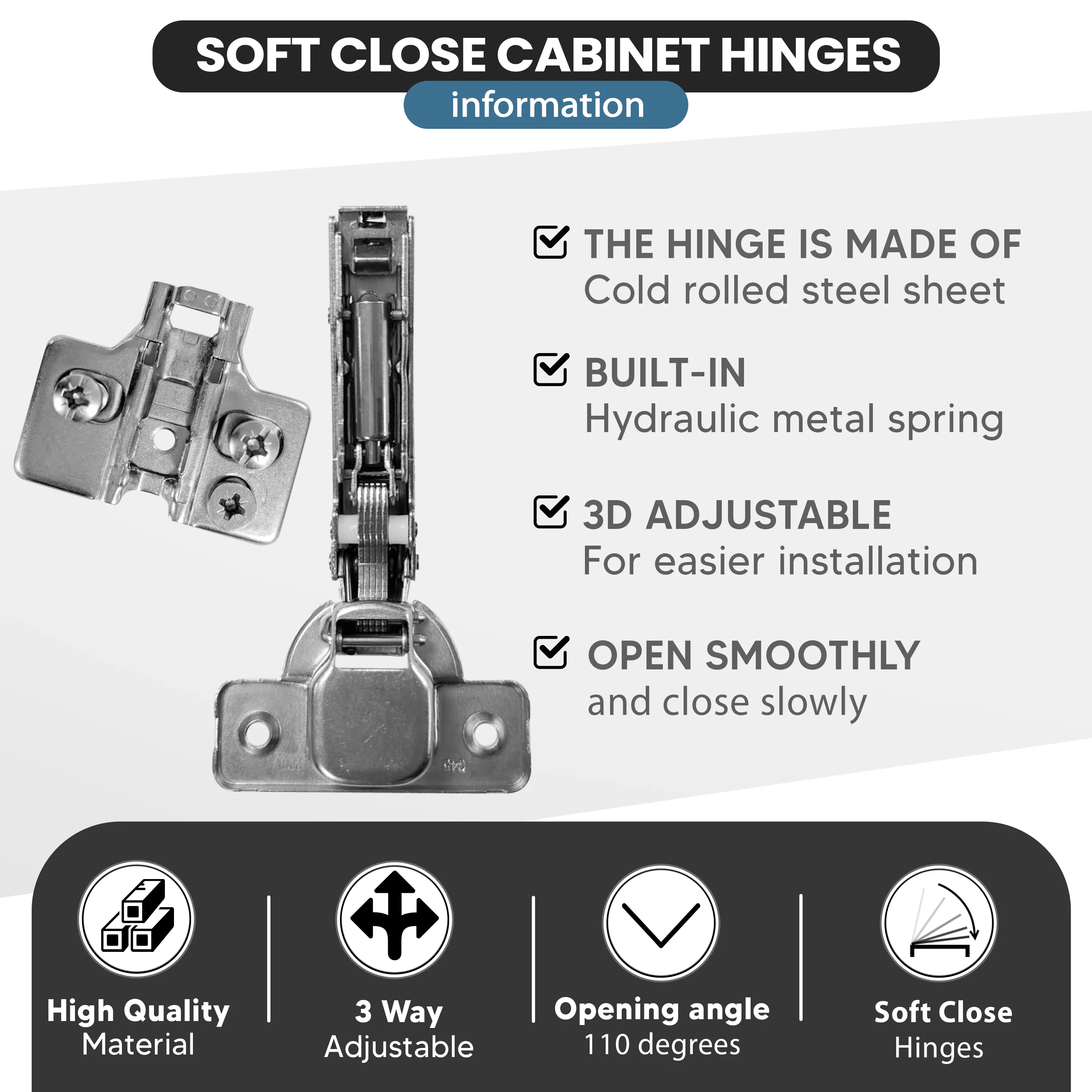 12 PACK 110 Degree Full Overlay Soft Close Kitchen Cabinet Door Hinges Adjustable Inc Backplates - Image 4