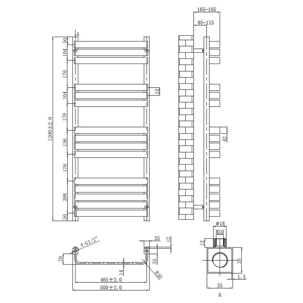 Astini Auckland 1200x500mm Anthracite 600W Ladder Heated Towel Rail TIS2130 - Image 3