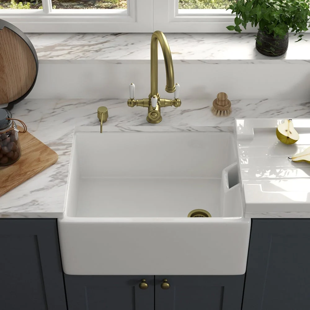 Astini Belfast 100 1.0 Bowl White Ceramic Kitchen Sink with Strainer Waste - Image 2