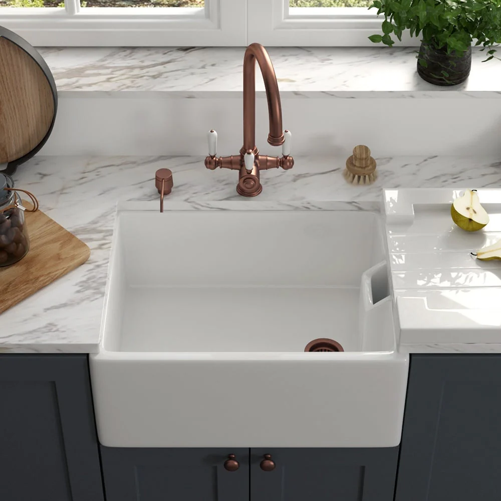 Astini Belfast 100 1.0 Bowl White Ceramic Kitchen Sink with Strainer Waste - Image 3