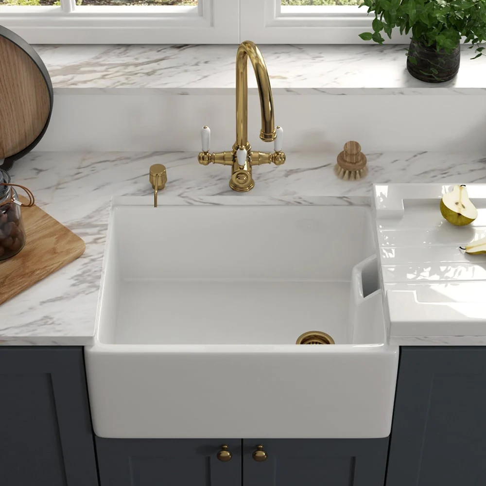 Astini Belfast 100 1.0 Bowl White Ceramic Kitchen Sink with Strainer Waste - Image 4