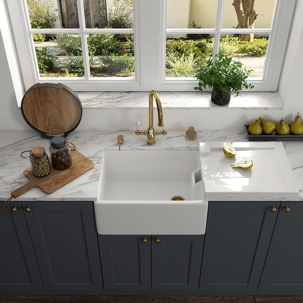 Astini Belfast 100 1.0 Bowl White Ceramic Kitchen Sink with Strainer Waste - Image 5