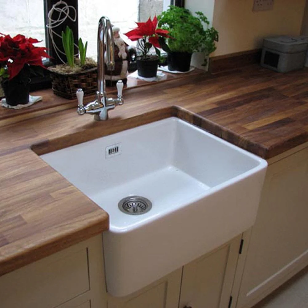 Astini Belfast 600 1.0 Bowl Gloss White Ceramic Butler Kitchen Sink, Waste & Tap