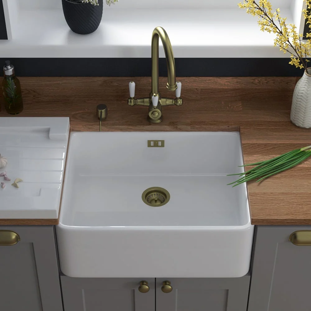 Astini Belfast 600 1.0 Bowl White Ceramic Butler Kitchen Sink with Waste - Image 2