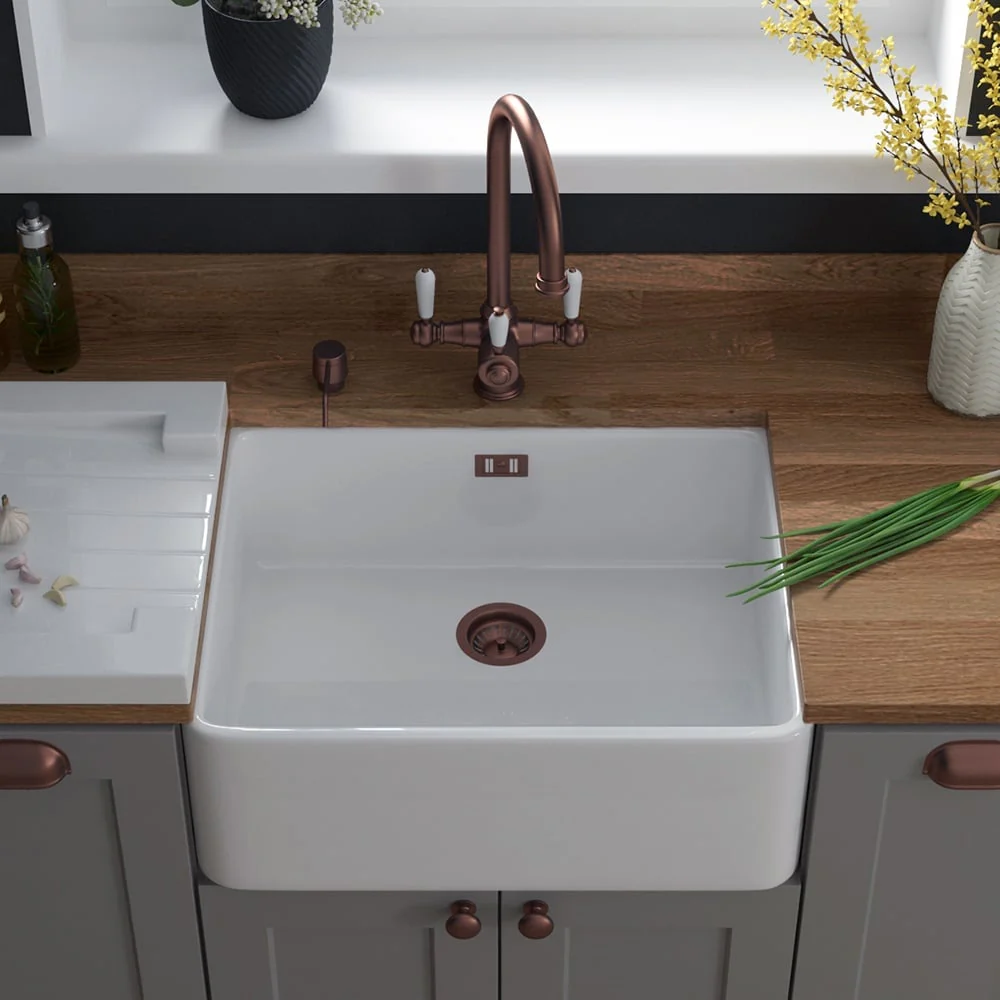 Astini Belfast 600 1.0 Bowl White Ceramic Butler Kitchen Sink with Waste - Image 3