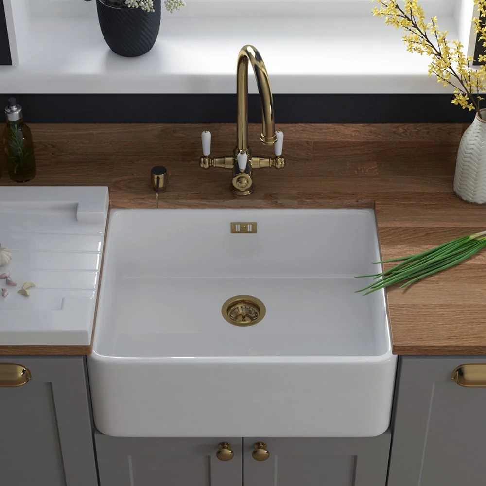 Astini Belfast 600 1.0 Bowl White Ceramic Butler Kitchen Sink with Waste - Image 4