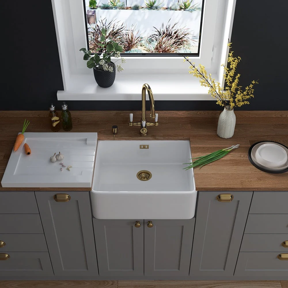 Astini Belfast 600 1.0 Bowl White Ceramic Butler Kitchen Sink with Waste - Image 5
