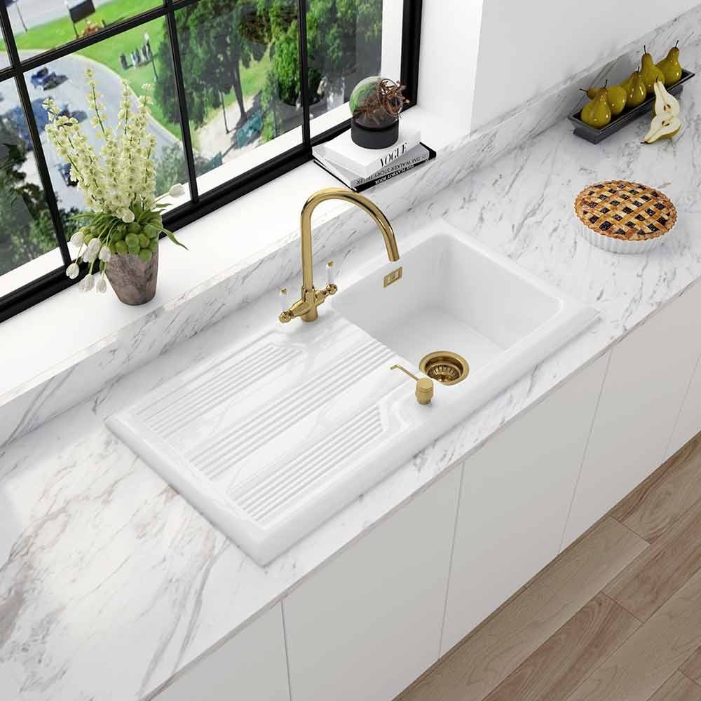 Astini Canterbury 100 1.0 Bowl Gloss White Ceramic Kitchen Sink with Waste Options - Image 2
