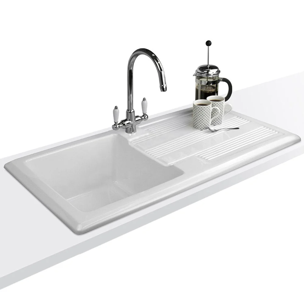 Astini Canterbury 100 1 Bowl Gloss White Ceramic Kitchen Sink & Colonial Tap - Image 3