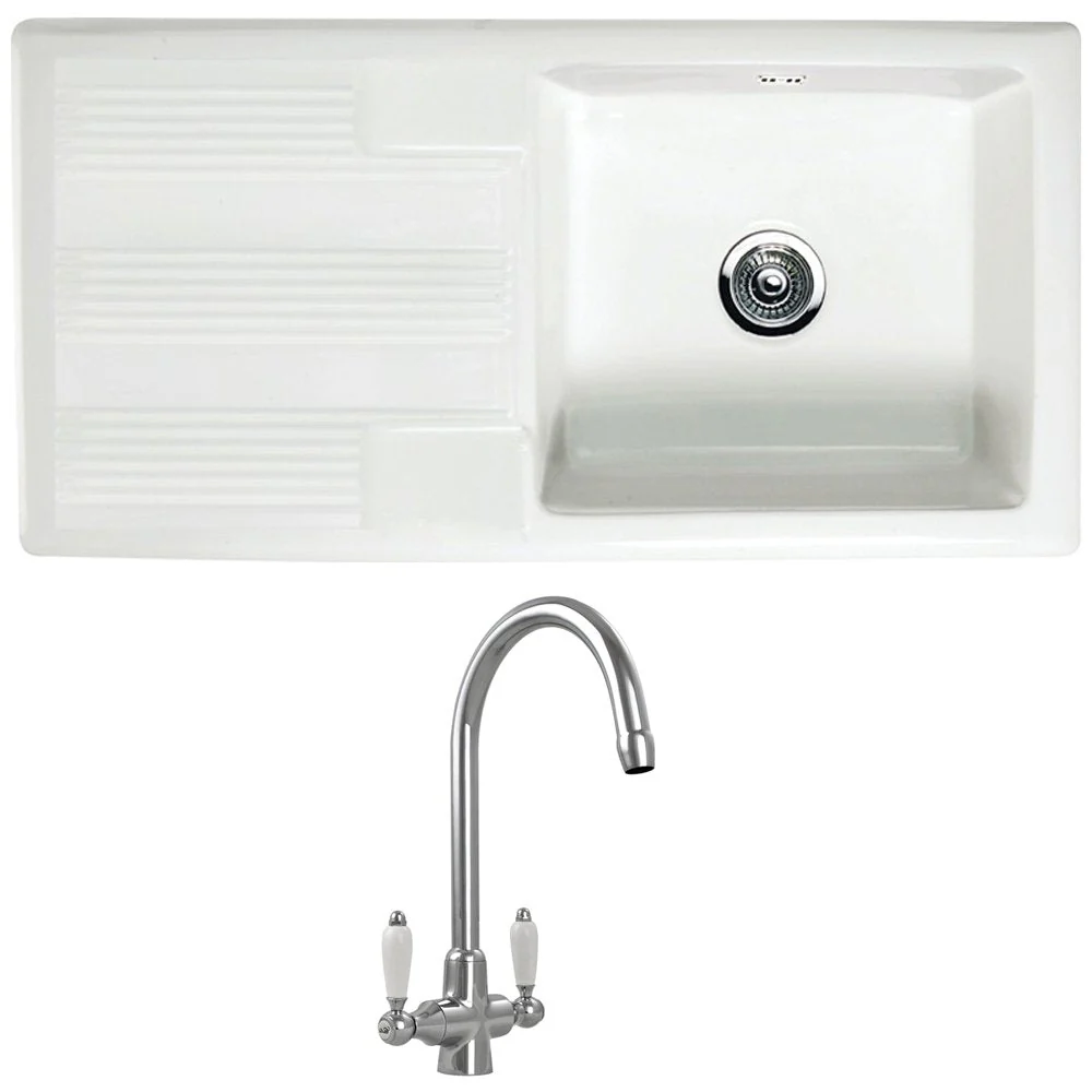 Astini Canterbury 100 1 Bowl Gloss White Ceramic Kitchen Sink & Colonial Tap - Image 4