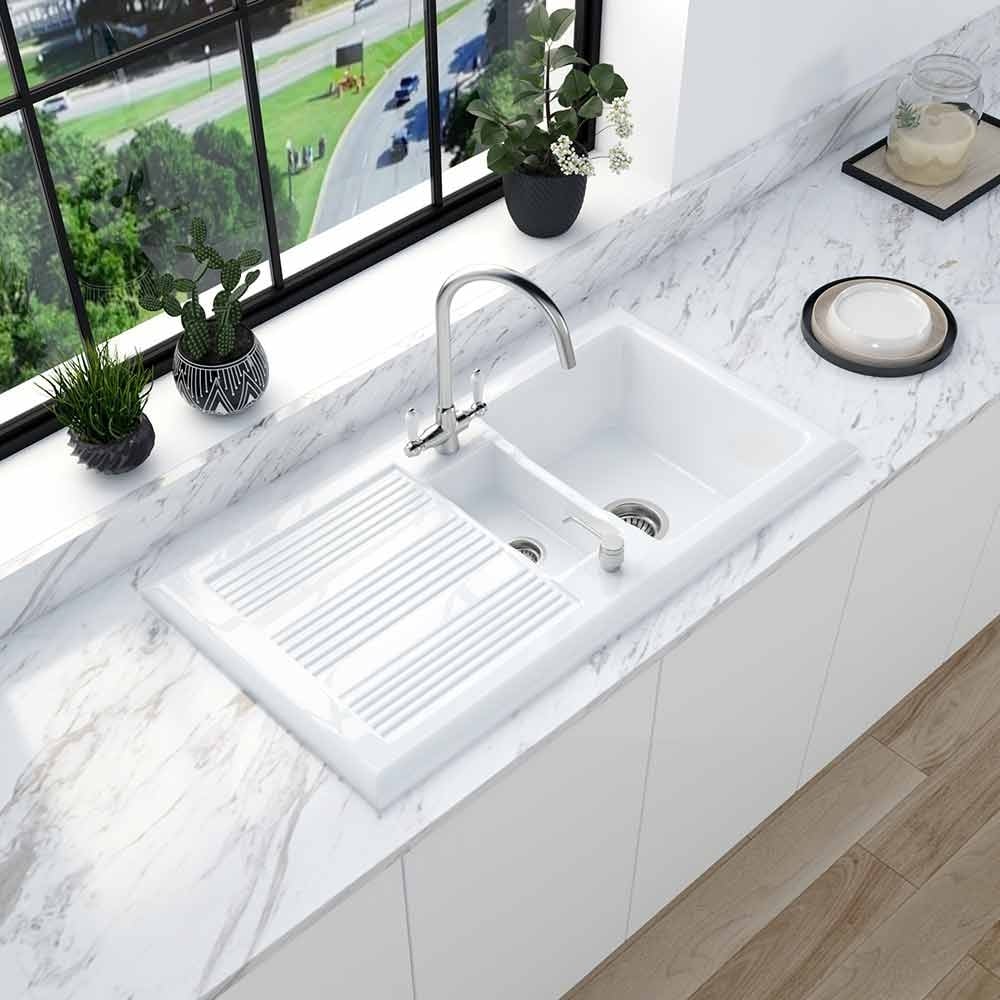 Astini Canterbury 150 1.5 Bowl Gloss White Ceramic Kitchen Sink & Colonial Tap - Image 2