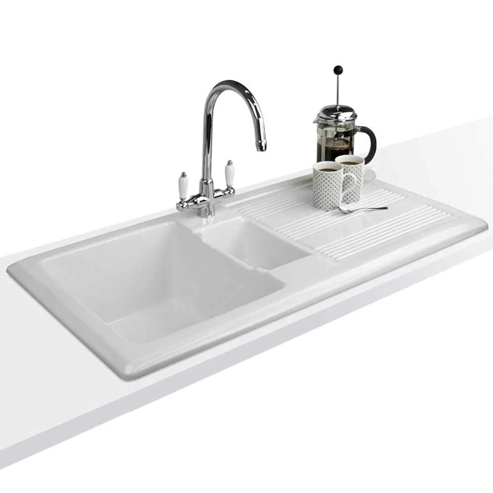 Astini Canterbury 150 1.5 Bowl Gloss White Ceramic Kitchen Sink & Colonial Tap - Image 3