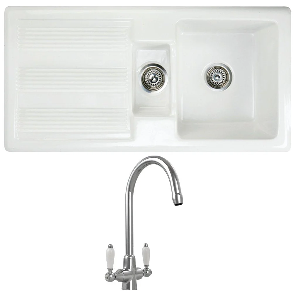 Astini Canterbury 150 1.5 Bowl Gloss White Ceramic Kitchen Sink & Colonial Tap - Image 4