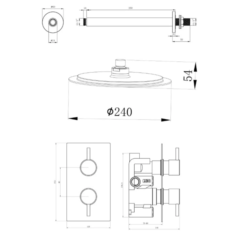 Astini Chrome Round Concealed Thermostatic Shower Valve, Head & Ceiling Arm TIS0009C - Image 2