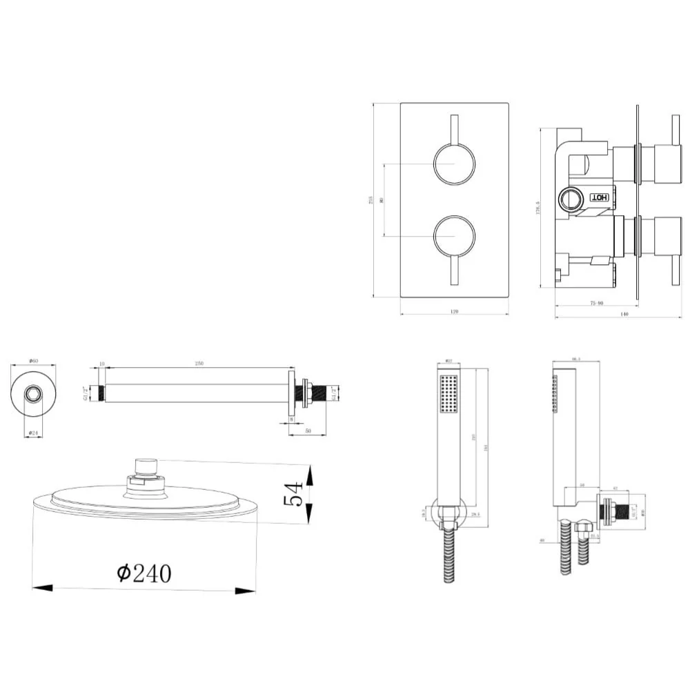 Astini Chrome Round Concealed Thermostatic Shower Valve, Head & Ceiling Arm TIS0011C - Image 2