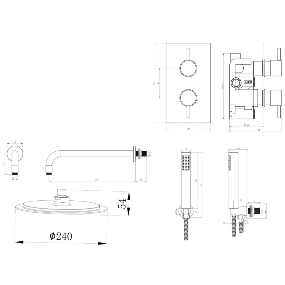 Astini Chrome Round Concealed Thermostatic Shower Valve, Head & Wall Arm TIS0011 - Image 2