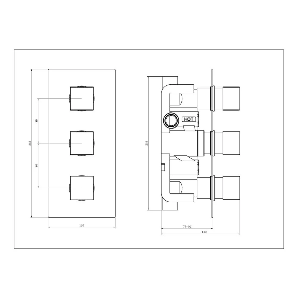 Astini Chrome Square Concealed Thermostatic 3 Lever 2 Way Shower Valve - Image 2