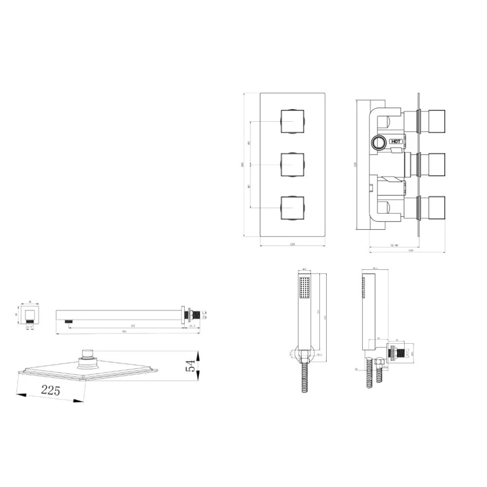 Astini Chrome Square Concealed Thermostatic Shower Valve, Head & Wall Arm - Image 2