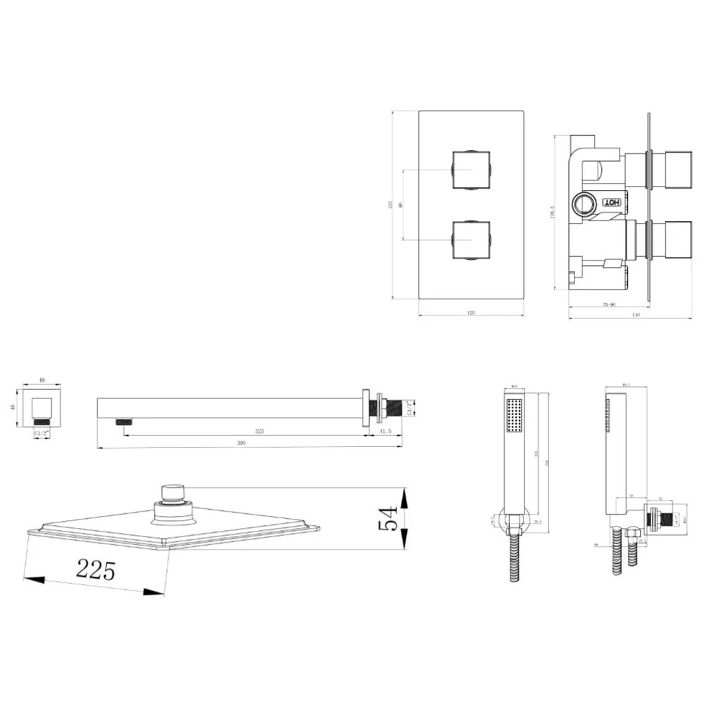 Astini Chrome Square Concealed Thermostatic Shower Valve, Head & Wall Arm TIS0010 - Image 2