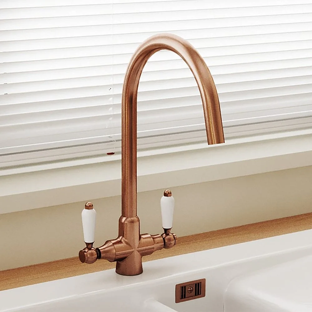 Astini Colonial Ceramic White Handle Twin Lever Kitchen Mixer Tap - Image 4