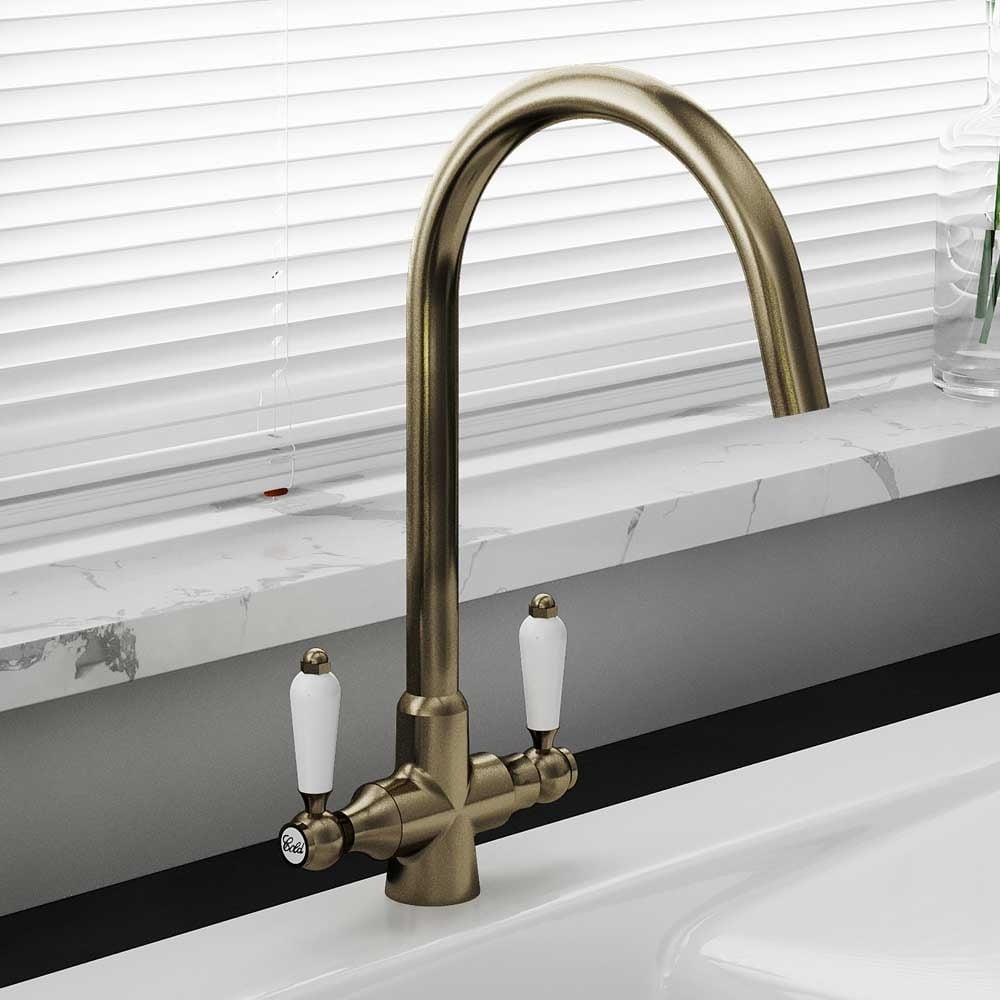 Astini Colonial Ceramic White Handle Twin Lever Kitchen Mixer Tap - Image 5