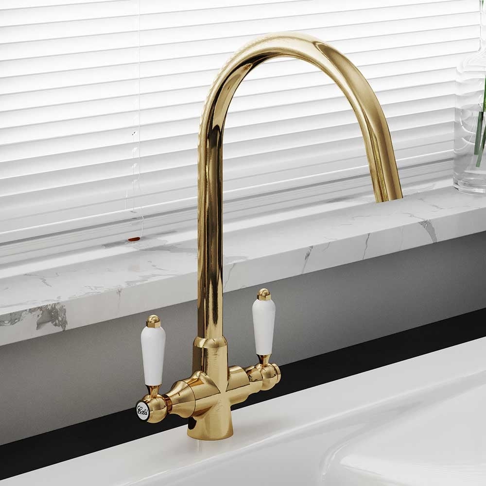 Astini Colonial Ceramic White Handle Twin Lever Kitchen Mixer Tap - Image 6
