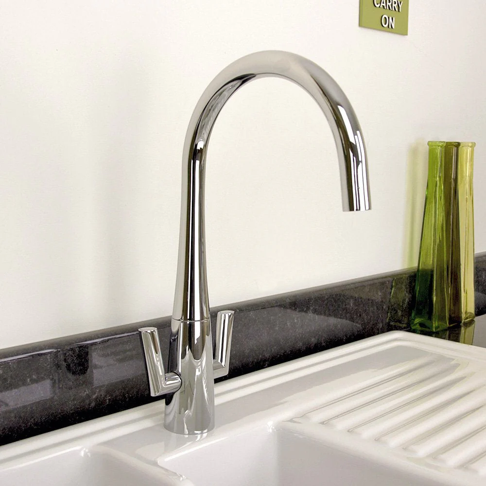 Astini Cosmopolitan Twin Lever Kitchen Sink Mixer Tap with Brushed Steel and Chrome Finish - Image 2