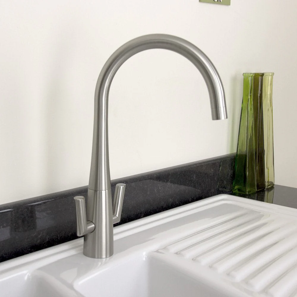 Astini Cosmopolitan Twin Lever Kitchen Sink Mixer Tap with Brushed Steel and Chrome Finish - Image 7