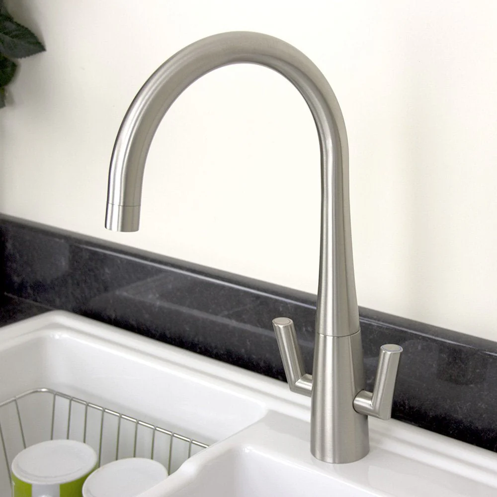 Astini Cosmopolitan Twin Lever Kitchen Sink Mixer Tap with Brushed Steel and Chrome Finish - Image 8