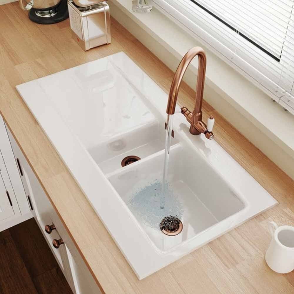 Astini Desire 1.5 Bowl White Ceramic Kitchen Sink with Waste and Colonial Tap - Image 2