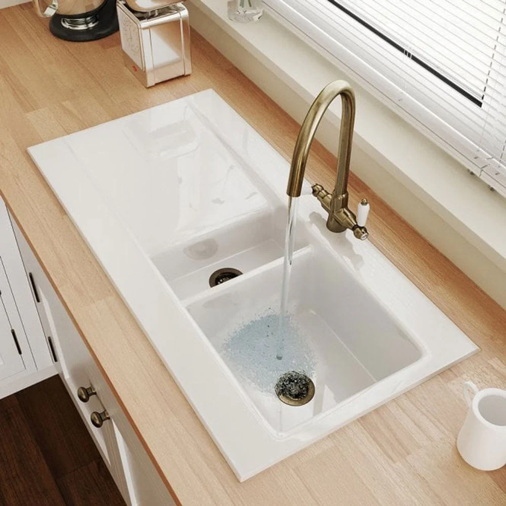 Astini Desire 1.5 Bowl White Ceramic Kitchen Sink with Waste and Colonial Tap - Image 3