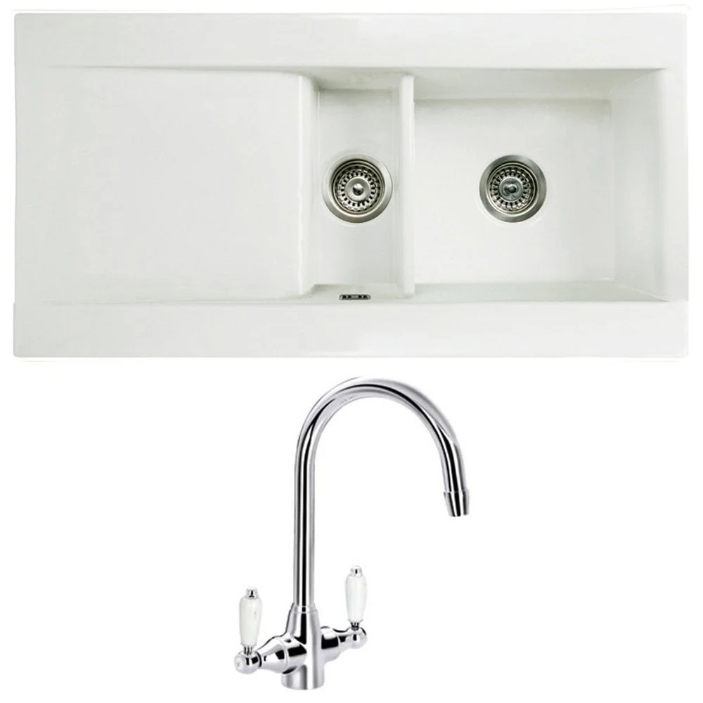 Astini Desire 1.5 Bowl White Ceramic Kitchen Sink with Waste and Colonial Tap - Image 5