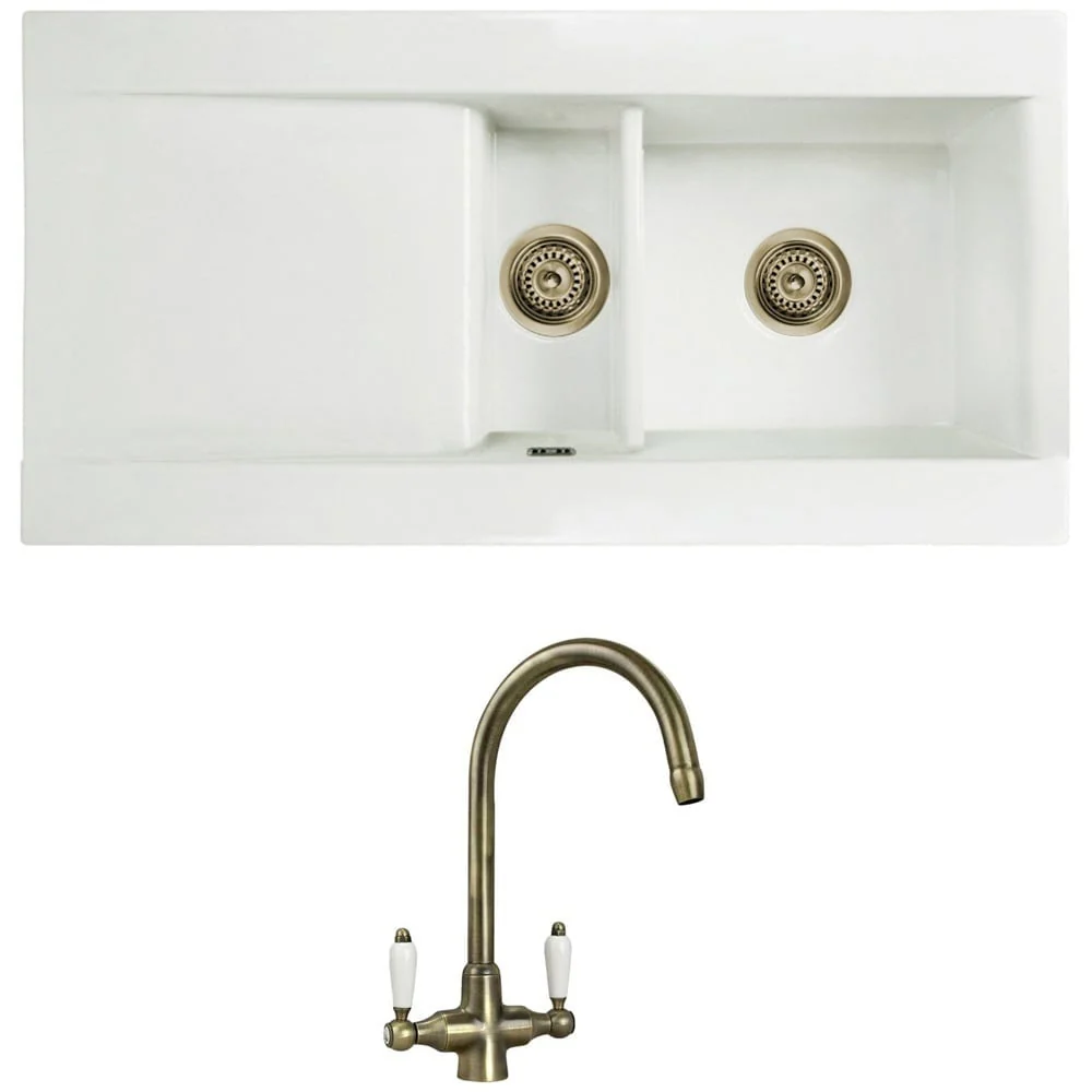 Astini Desire 1.5 Bowl White Ceramic Kitchen Sink with Waste and Colonial Tap - Image 7