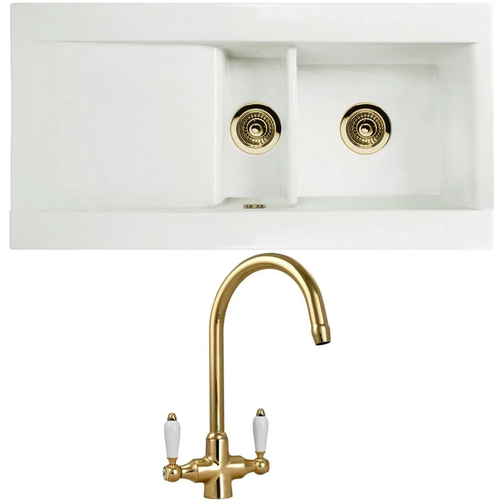 Astini Desire 1.5 Bowl White Ceramic Kitchen Sink with Waste and Colonial Tap - Image 8