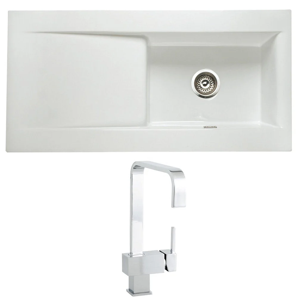 Astini Desire 100 1.0 Bowl Gloss White Ceramic Kitchen Sink, Waste & 5E Tap - Image 5
