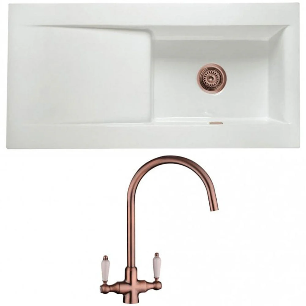 Astini Desire 100 1 Bowl White Ceramic Kitchen Sink with Waste & Colonial Tap - Image 6