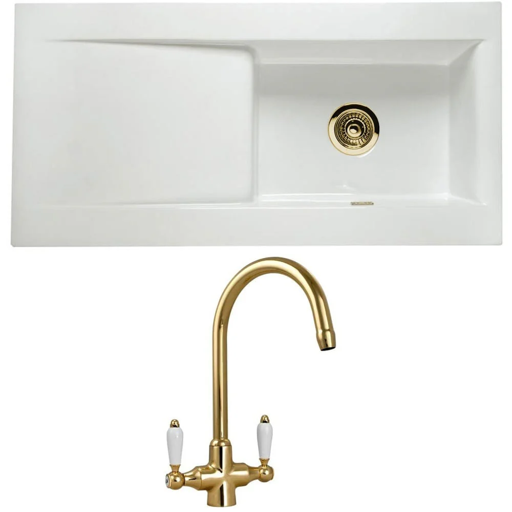Astini Desire 100 1 Bowl White Ceramic Kitchen Sink with Waste & Colonial Tap - Image 8