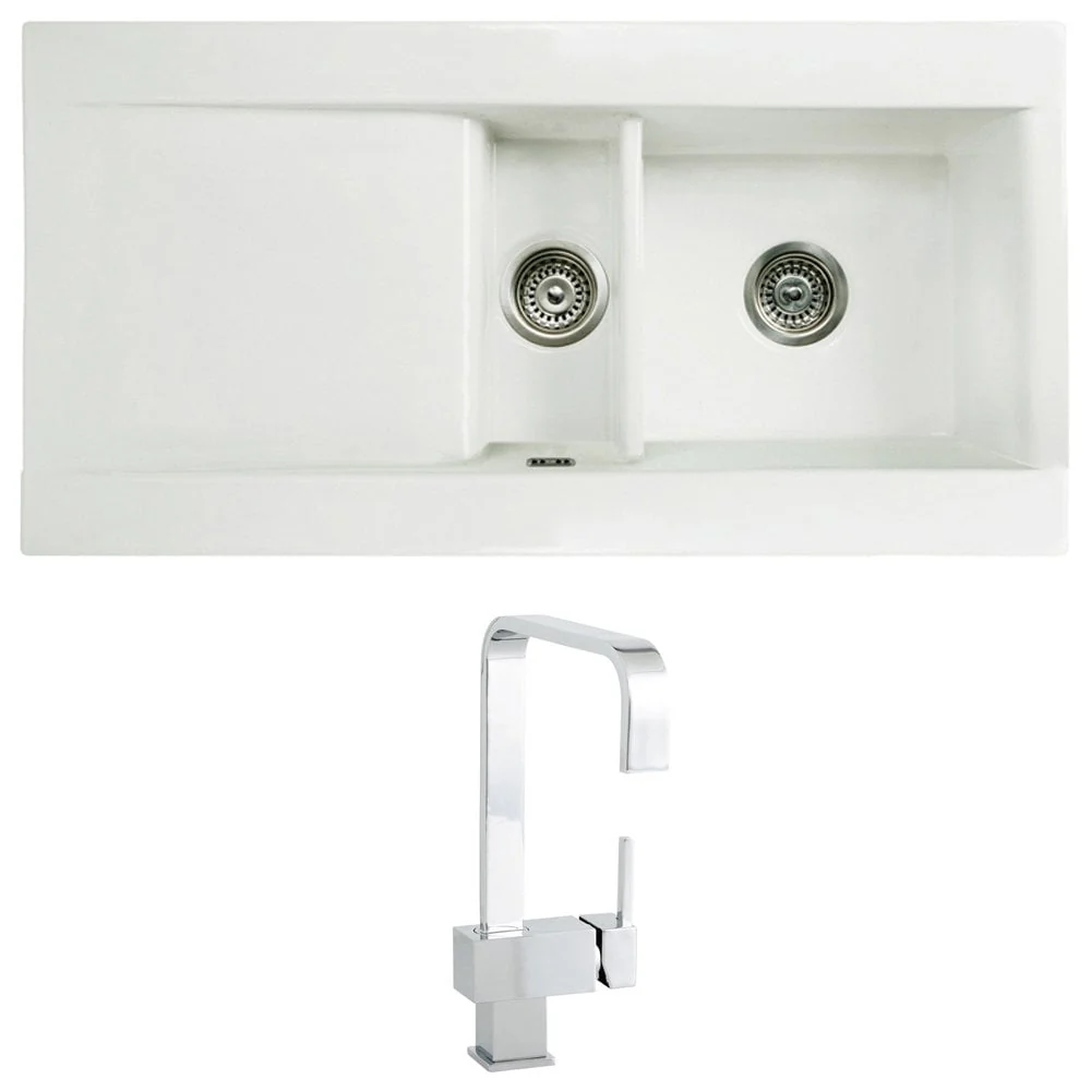 Astini Desire 150 1.5 Bowl Gloss White Ceramic Kitchen Sink, Waste & 5E Tap - Image 5
