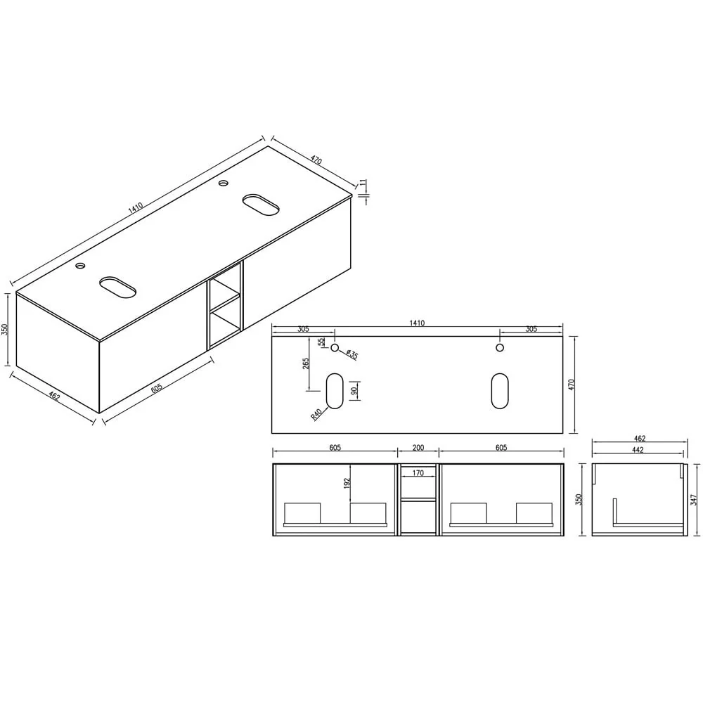 Astini Flauto 1400mm Wall Hung Double Vanity W/ Storage Box & Counter Top - Image 5