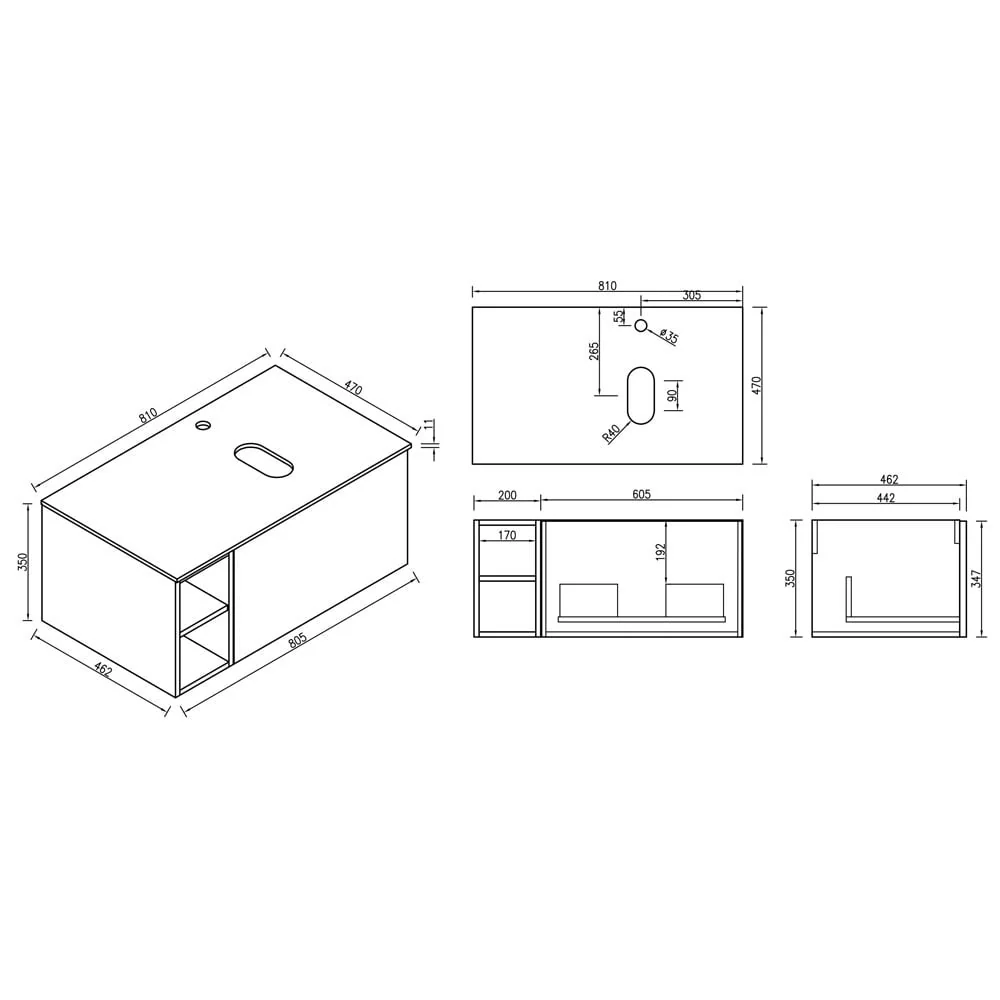 Astini Flauto 800mm Wall Hung Vanity Unit W/ Side Storage & RH Counter Top - Image 5