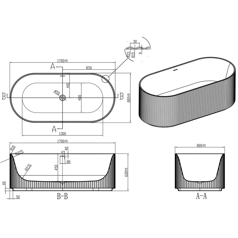 Astini Flauto Matte White Fluted Freestanding Bath Tub & Waste - Image 3