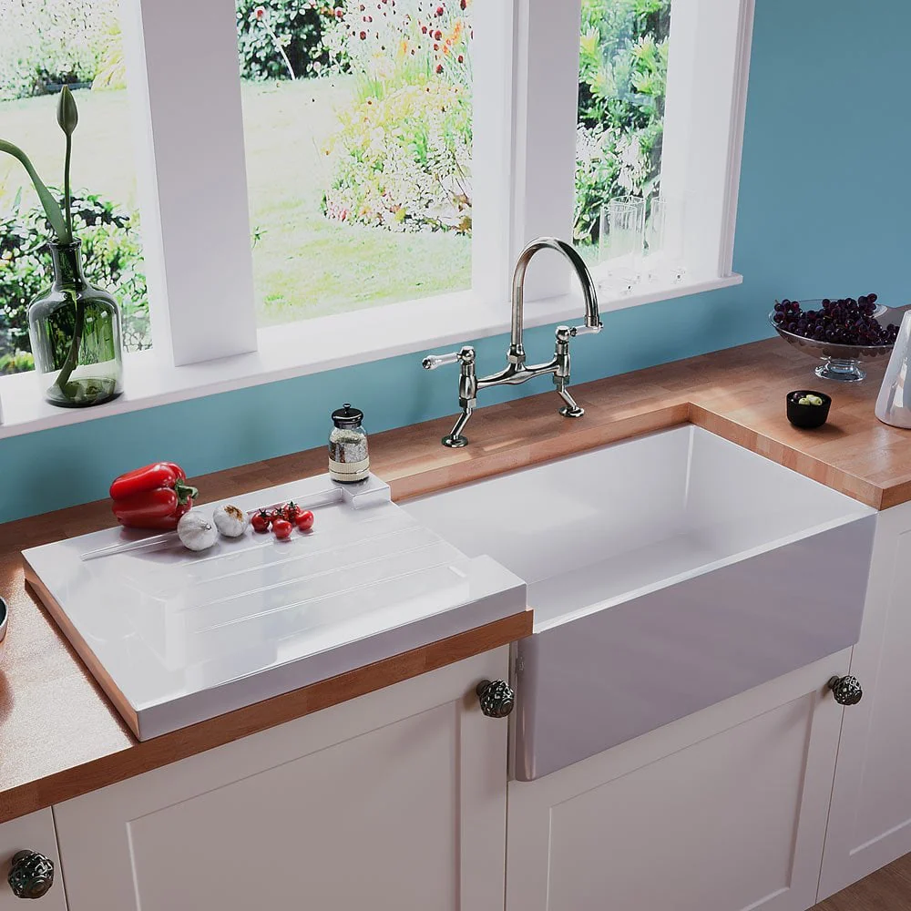 Astini Grooved Ceramic Gloss White Belfast Butler Kitchen Sink Worktop Drainer - Image 4