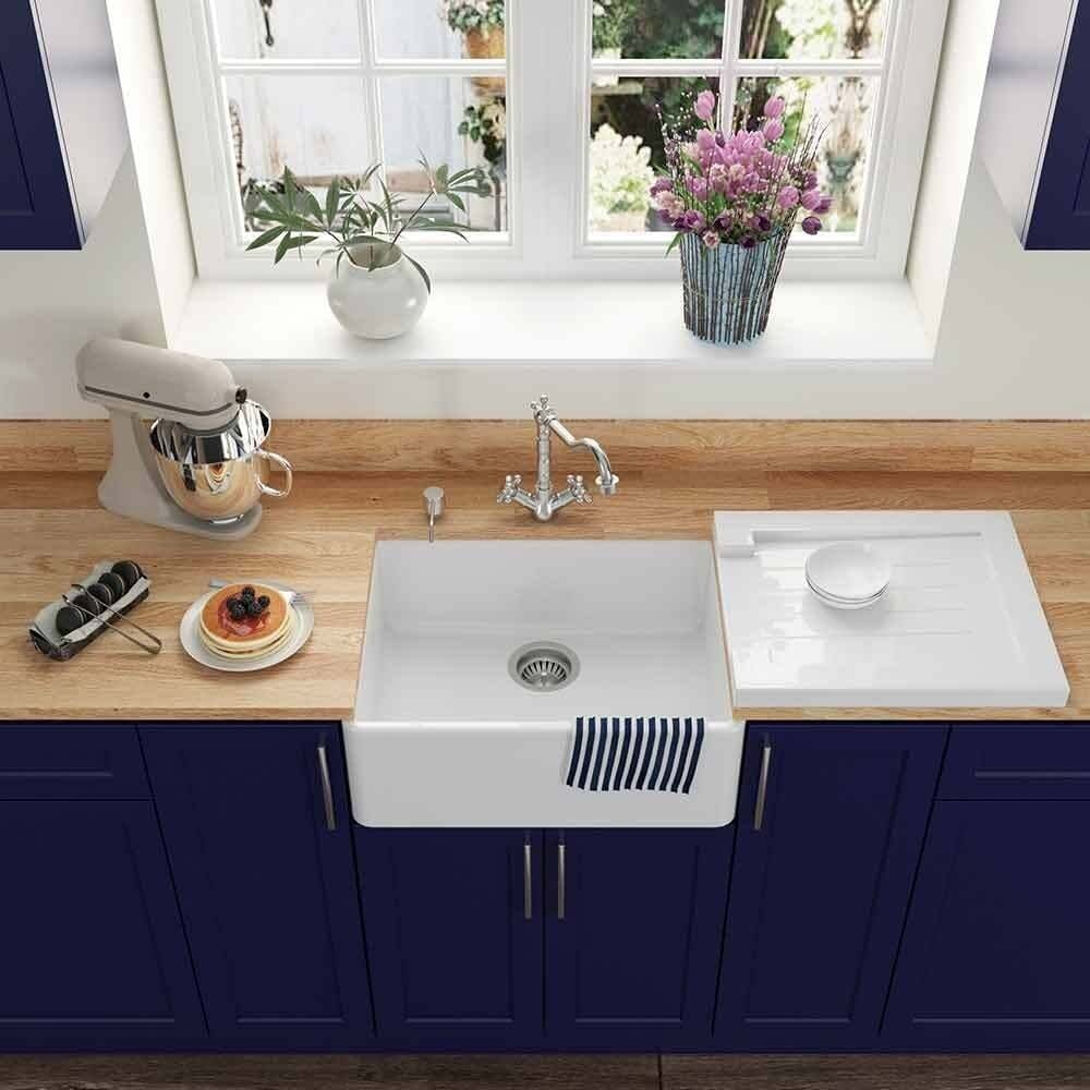 Astini Grooved Ceramic Gloss White Belfast Butler Kitchen Sink Worktop Drainer - Image 5