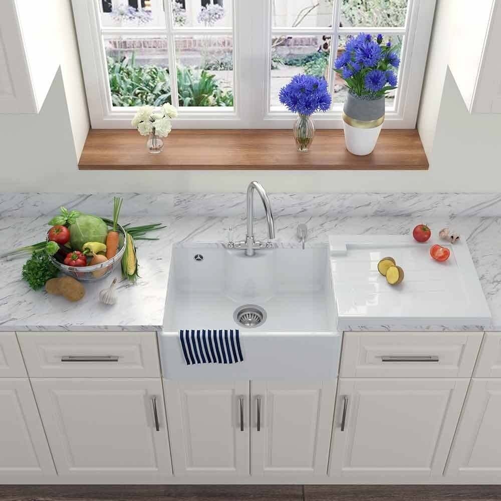Astini Grooved Ceramic Gloss White Belfast Butler Kitchen Sink Worktop Drainer - Image 6