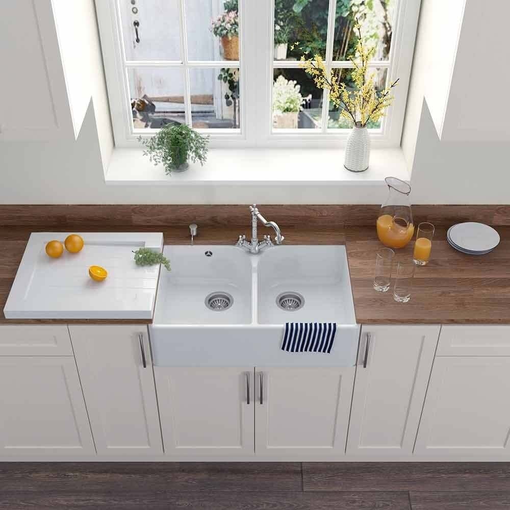 Astini Grooved Ceramic Gloss White Belfast Butler Kitchen Sink Worktop Drainer - Image 7