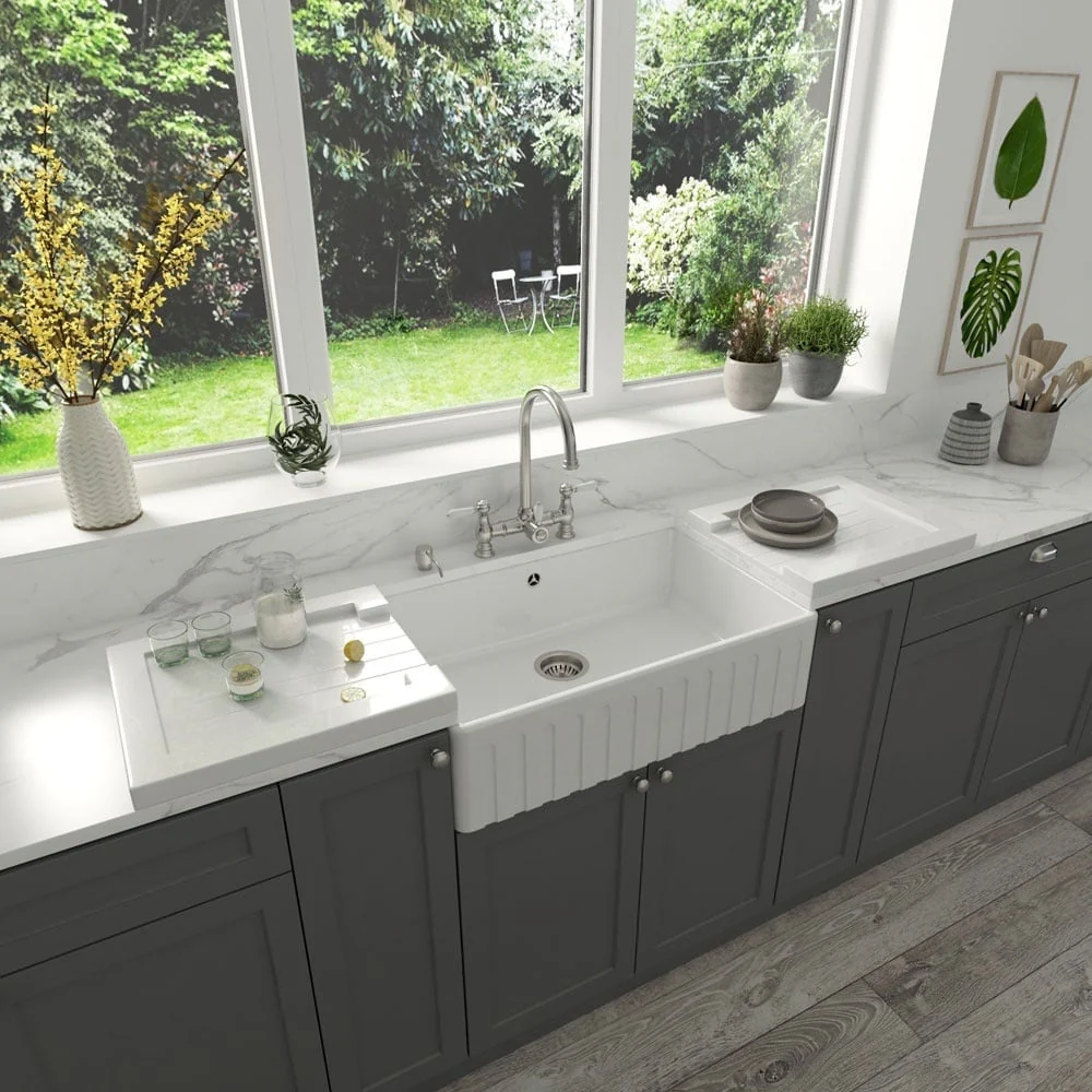 Astini Grooved Ceramic Gloss White Belfast Butler Kitchen Sink Worktop Drainer - Image 8