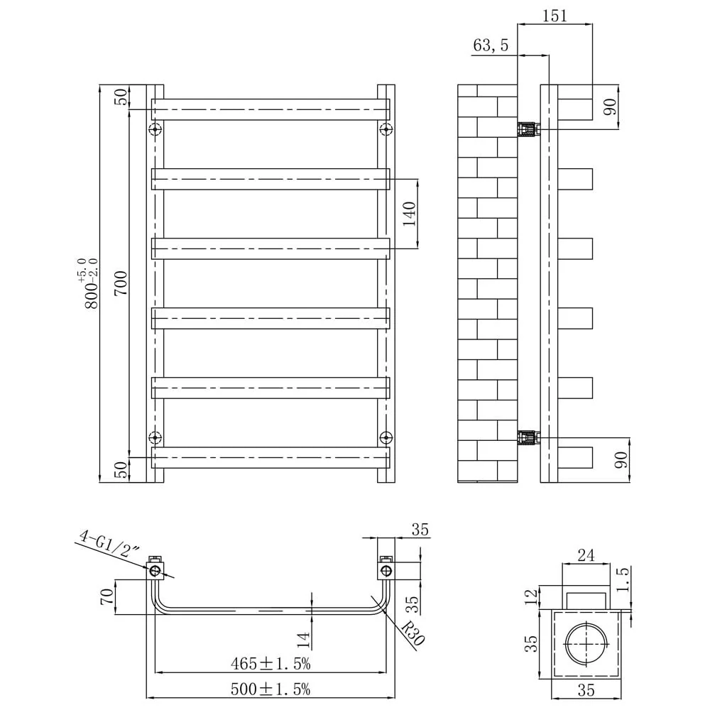 Astini Hastings Brass 800x500mm Heated Towel Rail - Image 2
