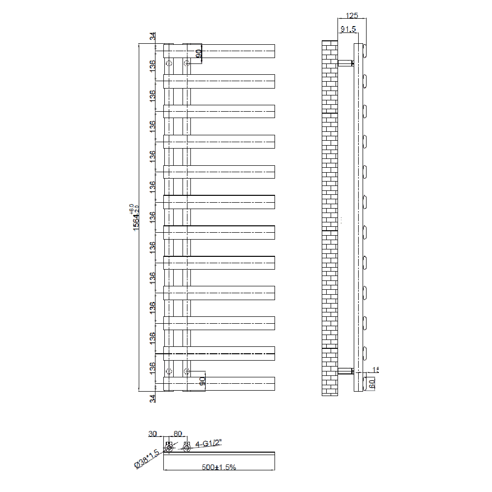 Astini Milton Brushed Brass 1564x500 Designer Offset Towel Radiator - Image 2