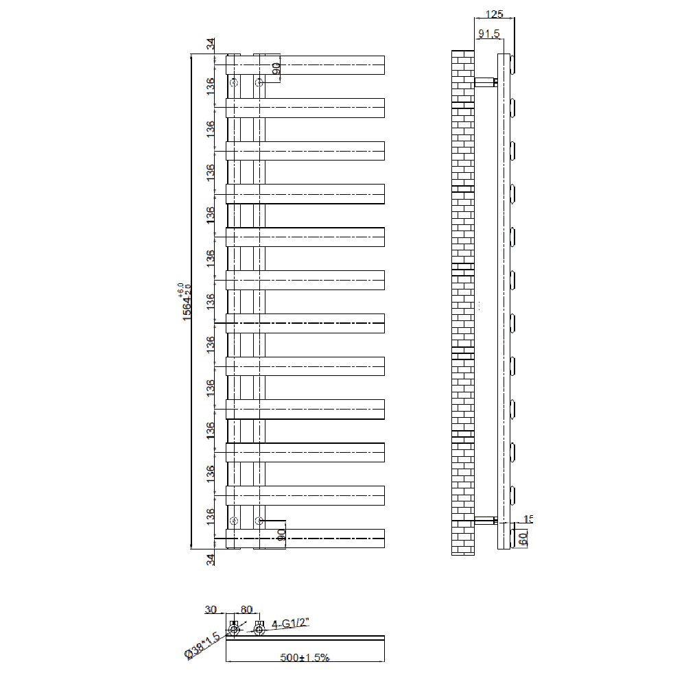 Astini Milton Chrome 1564x500 Designer Offset Towel Radiator - Image 2