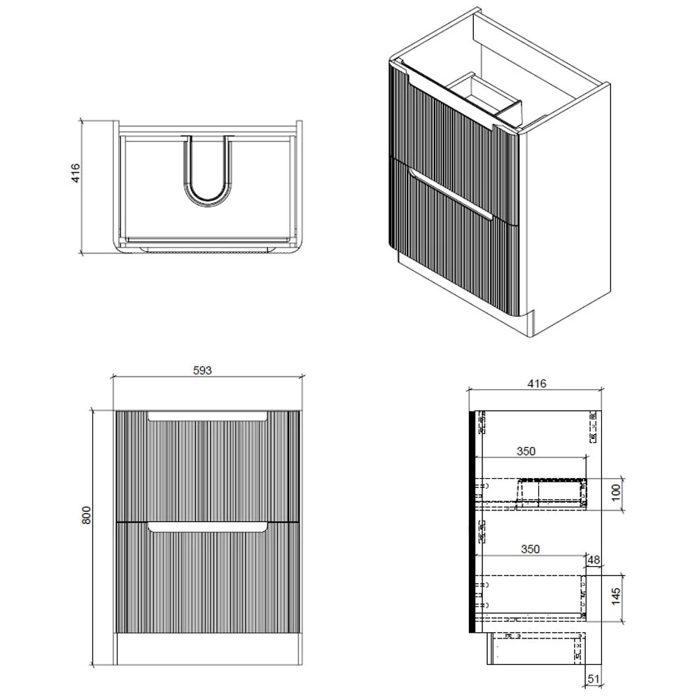 Astini Monza 600mm Fluted Shadow Grey Floor Standing Vanity Unit & Basin - Image 5